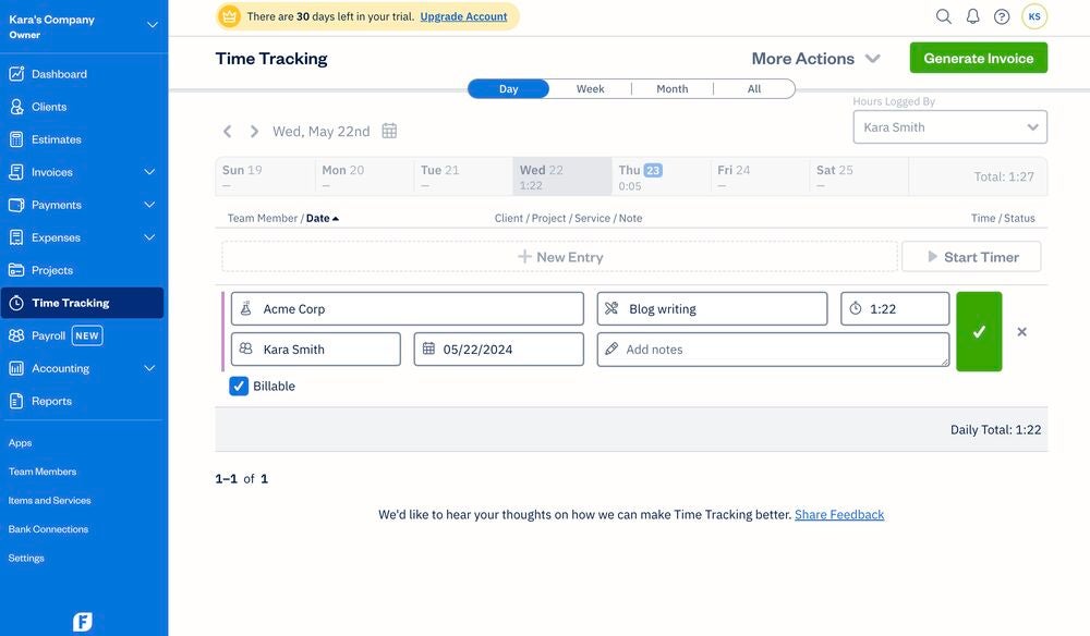 A time-tracking entry in FreshBooks