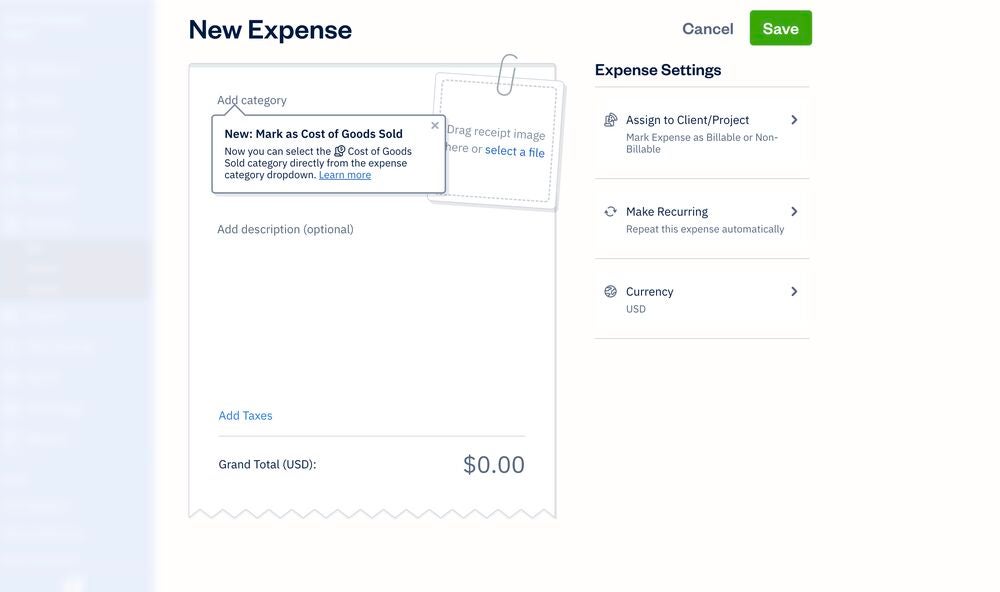 The manual expense creation tool in the web app