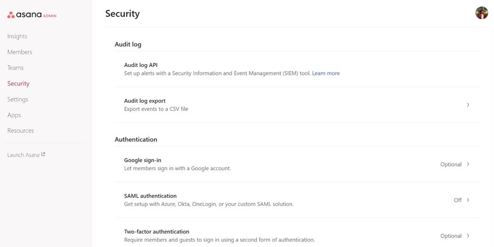 Some of the Security Options Available in Asana.