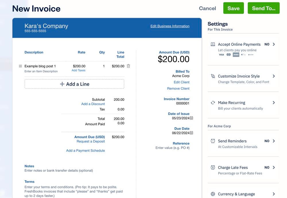 The invoice creation tool in FreshBooks