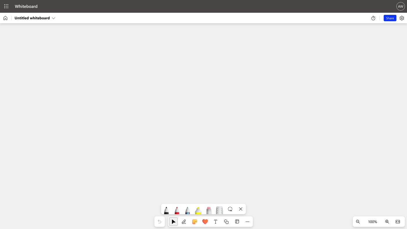 Screenshot Showing the Interface of a New, Blank Microsoft Whiteboard Board on a Chromebook.