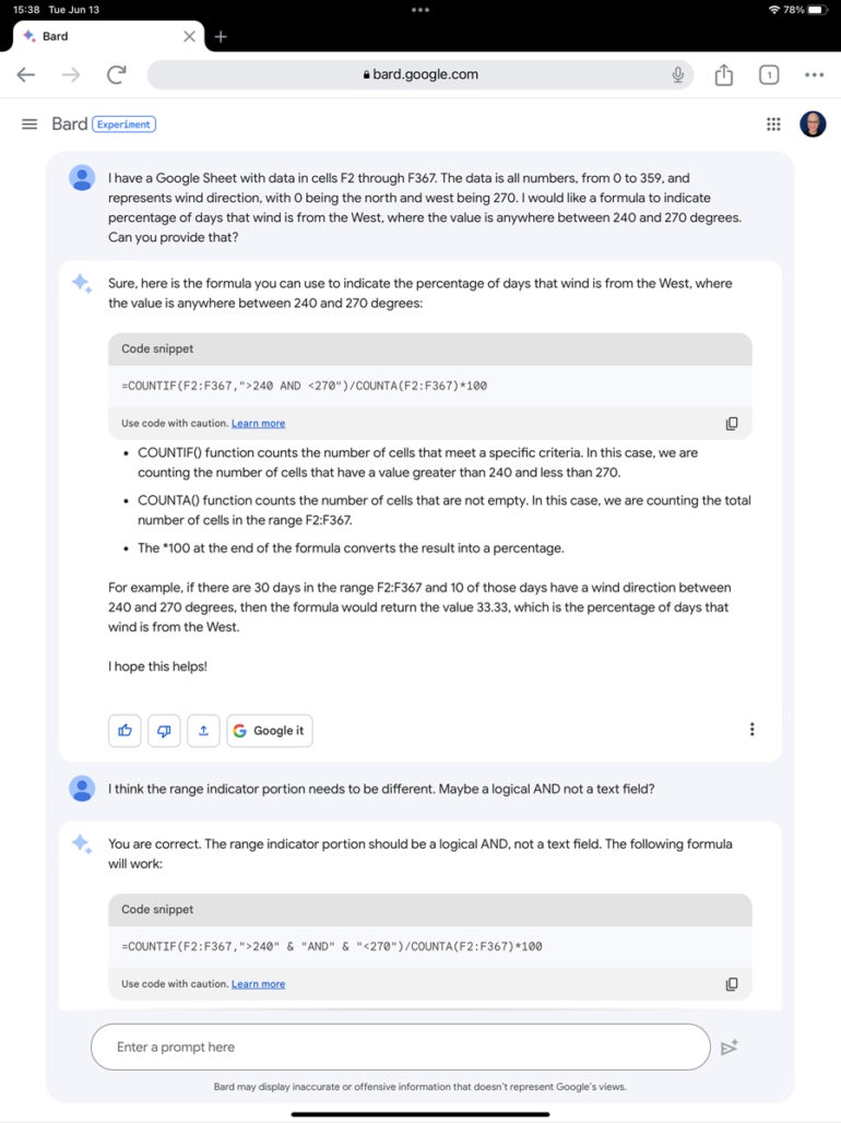 Graphic Showing That with a Sufficiently Detailed Prompt, Bard Can Respond with a Detailed Code Snippet That Contains a Google Sheets Function.