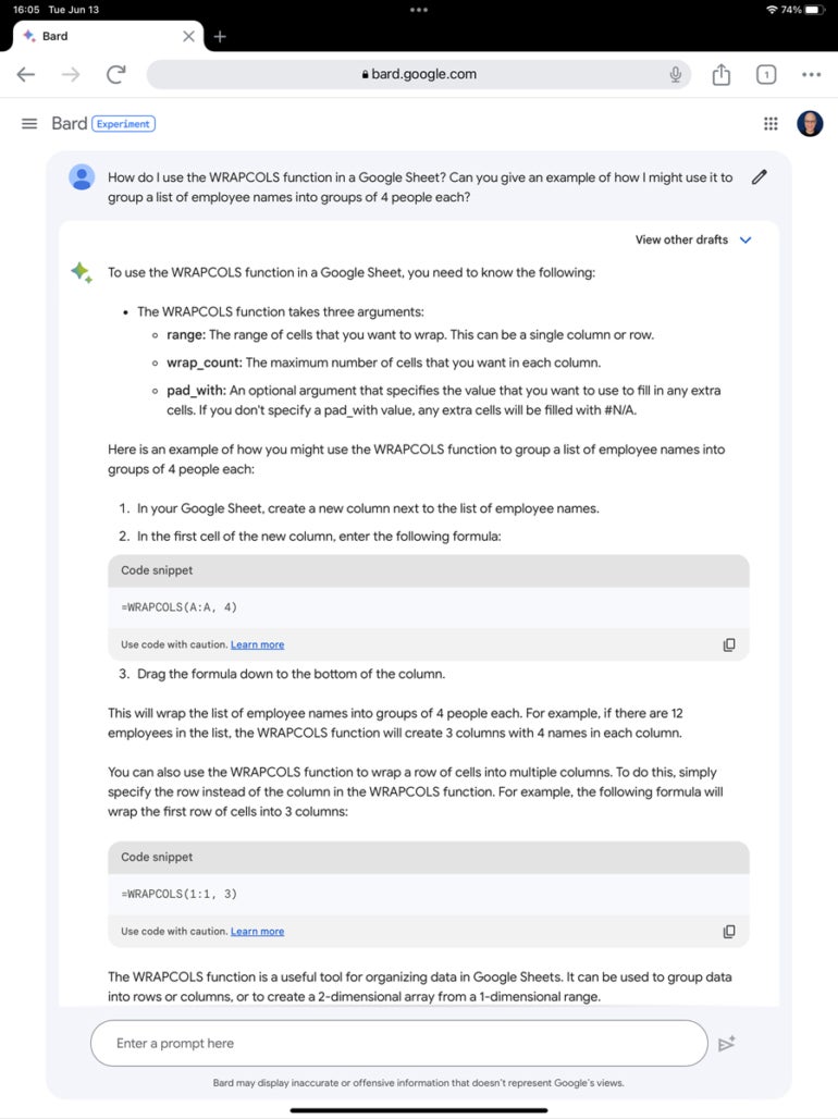 Image Showing Not Only Can Bard Explain Google Sheets Functions, but It Can Also Offer Examples of How the Function Might Be Used.