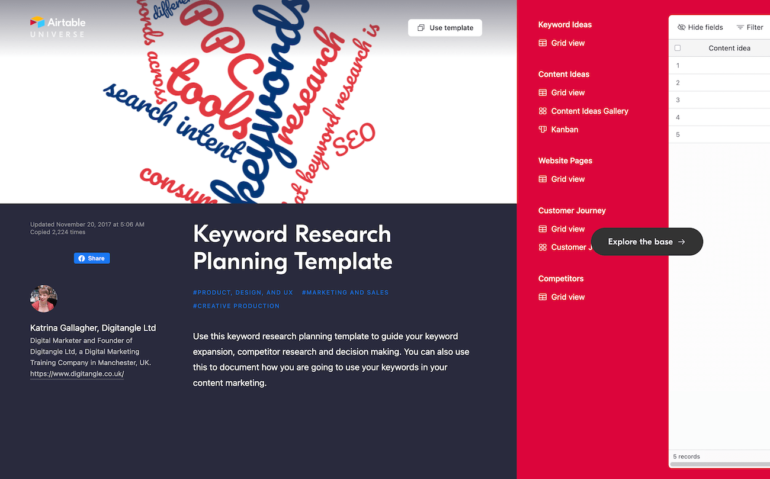 a Keyword Research Template Overview Page from Airtable Universe, with a Headshot of the Creator, Description of the Template, and Partial Image of What the Template Looks Like.