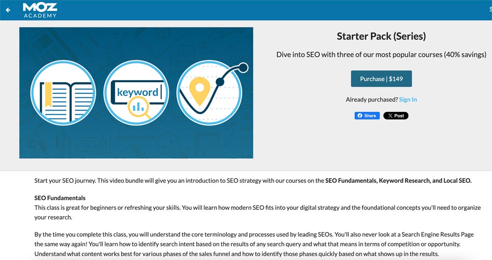 Moz Academy Seo Starter Course Page.