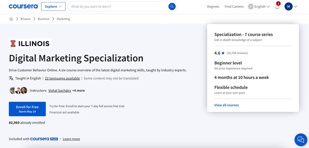 Coursera Digital Marketing Specialization Course Page.