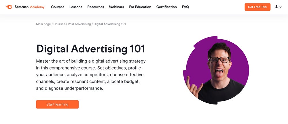 Semrush Academy Digital Advertising 101 Enrollment Page.