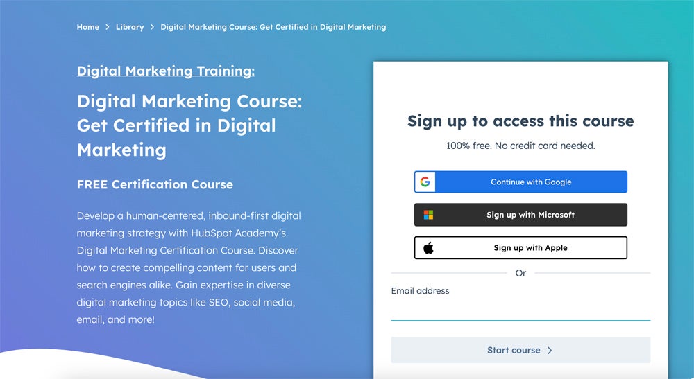 Hubspot Digital Marketing Course Page.