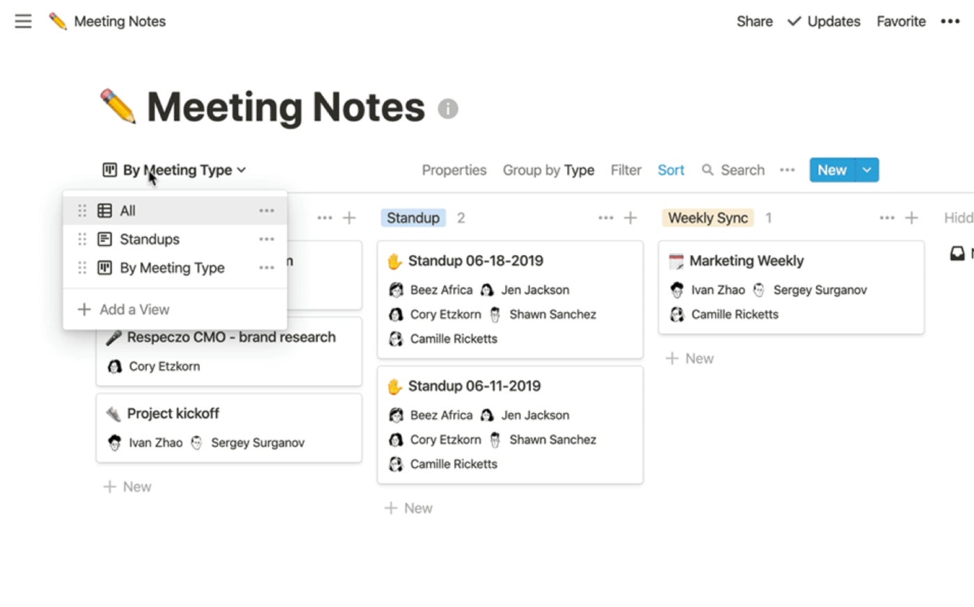 Notion Example of Meeting Note Organization.