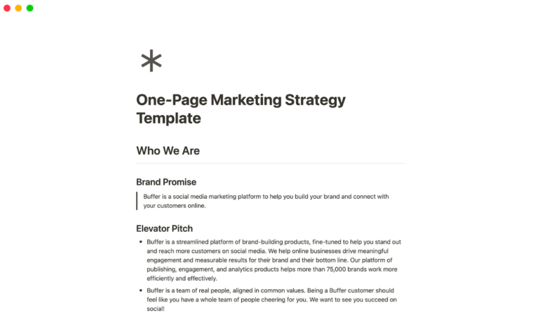 Notion’s One-page Marketing Template Showing the Fist Three Sections: Who We Are, Brand Promise, and Elevator Pitch.