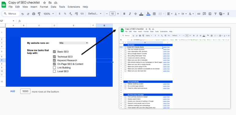 Inside of Google Sheets — the Left Shows the Area You’ll Input Where You Built Your Website and the Types of Tasks You’re Interested in with the Right Showing a List of Tasks from the Second Sheet Filtered to Match Your Selections.