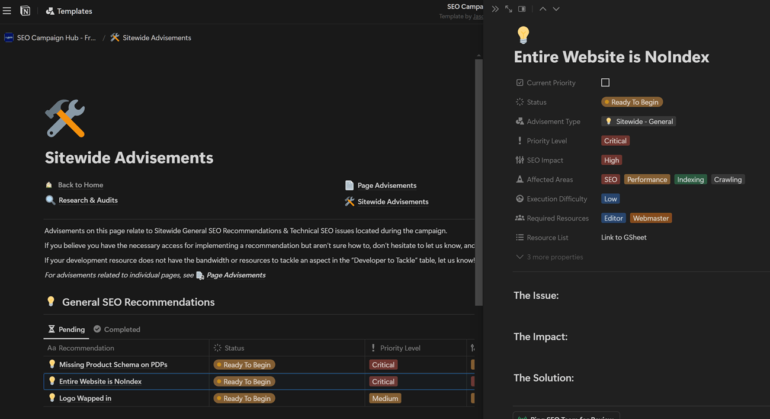 a Notion Workspace with a Page Called Sitewide Advisements Open on the Left; It Has a Table Below with Columns for Task Name, Status, and Priority Level and a Task Detail View for One of Those Tasks Opened on the Right.