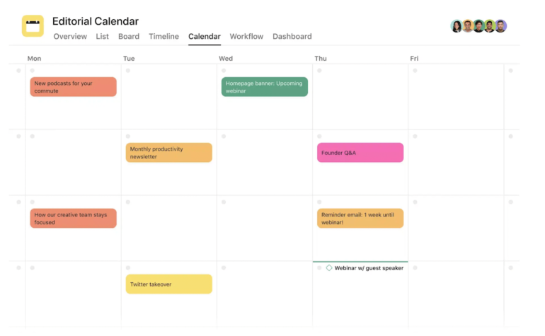 a Calendar View of Asana’s Editorial Template, Using a Color System to Show What Types of Content Are Scheduled to Be Published on Specific Dates.