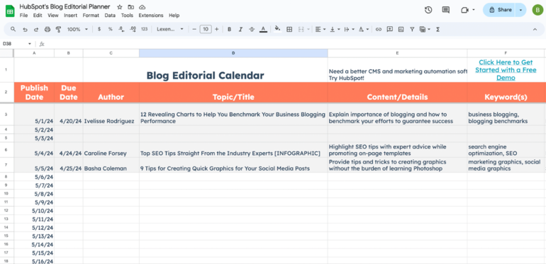 Hubspot’s Blog Editorial Template Opened in Google Sheets, Columns for Publish Date, Due Date, Author, Title, Content Details, and Keywords.