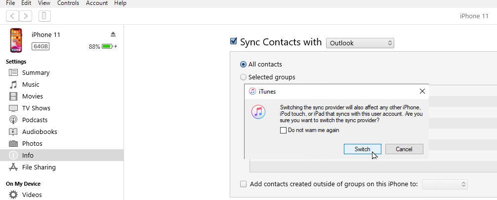 Screenshot on How to Sync Contacts in Your Iphone Using Itunes.