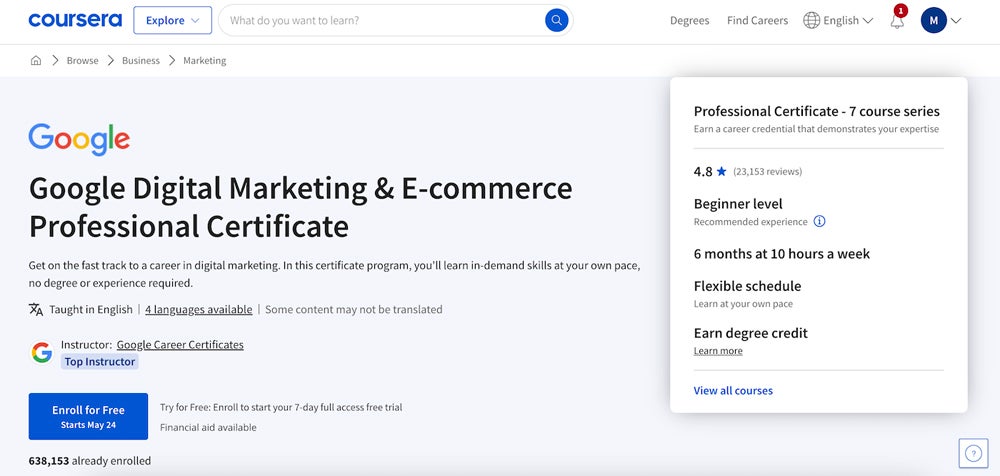 Google Digital Marketing & E-commerce Professional Certificate at Coursera Enrollment Page.