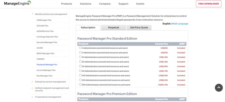 Manageengine’s Pricing Page.