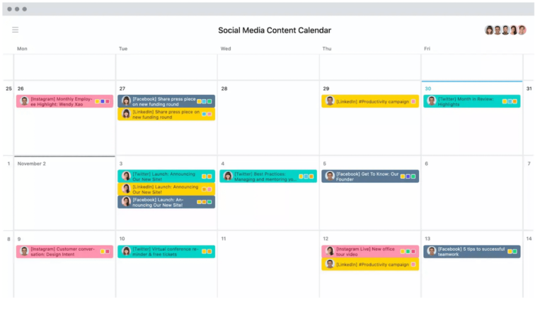 an Example of Asana’s Social Media Content Calendar Showing Three Weeks of Scheduled Posts Using Different Colors for Each Channel, and Faces for Team Members Responsible for Each Task.