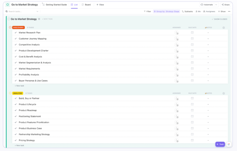 A ClickUp go-to-market strategy board with a list of tasks broken up into the discovery phase and analysis phase. 