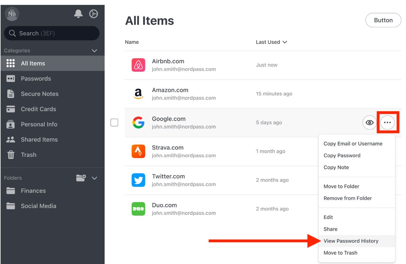 Screenshot of Nordpass Password History.