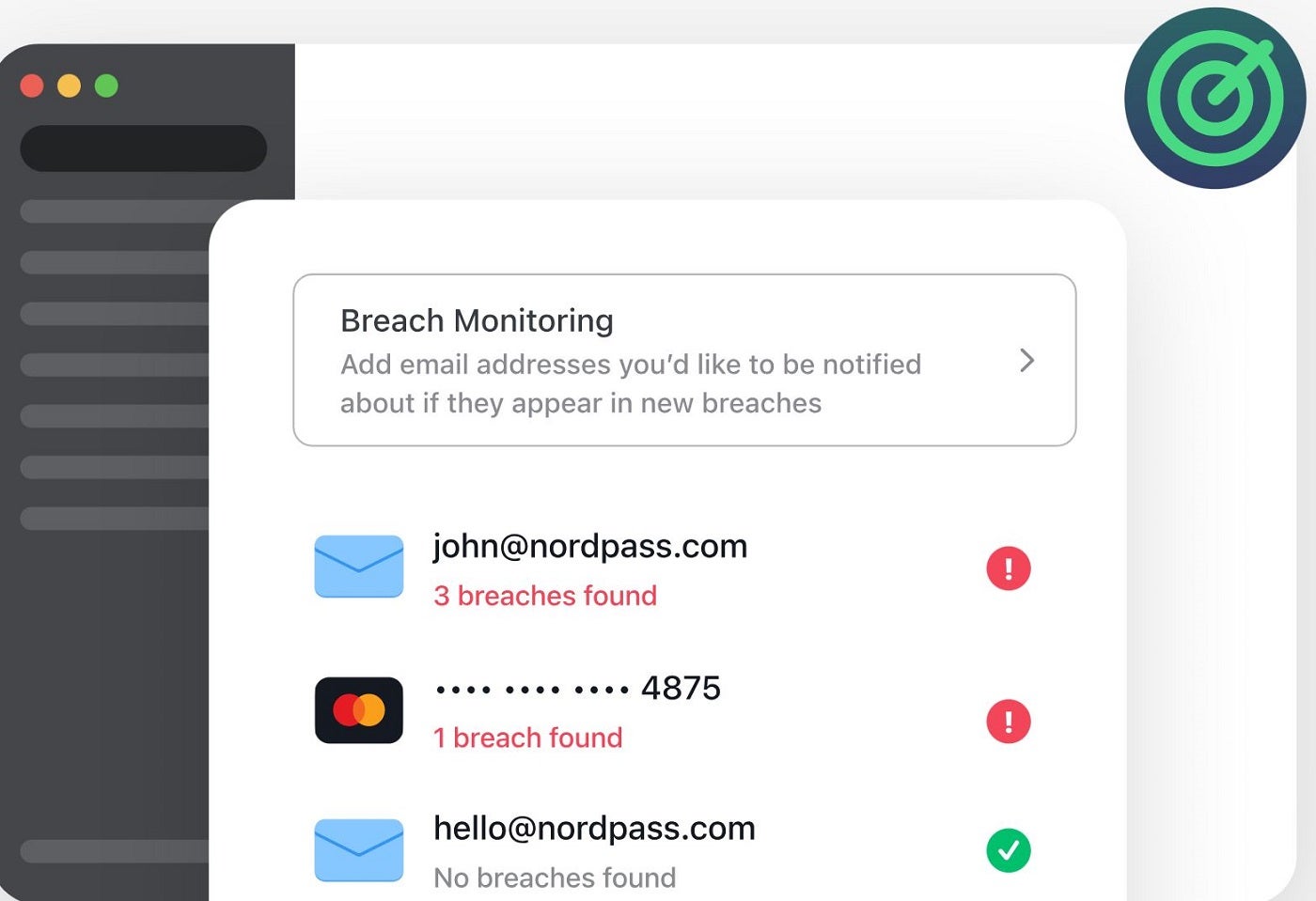 Screenshot of Nordpass Breach Monitoring.