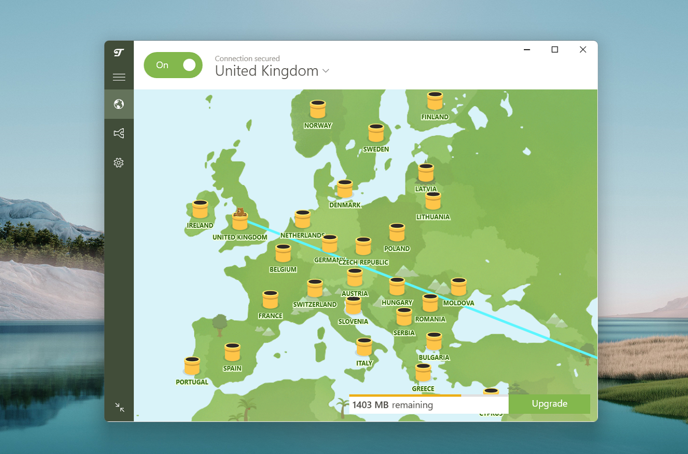 Tunnelbear Main Dashboard.