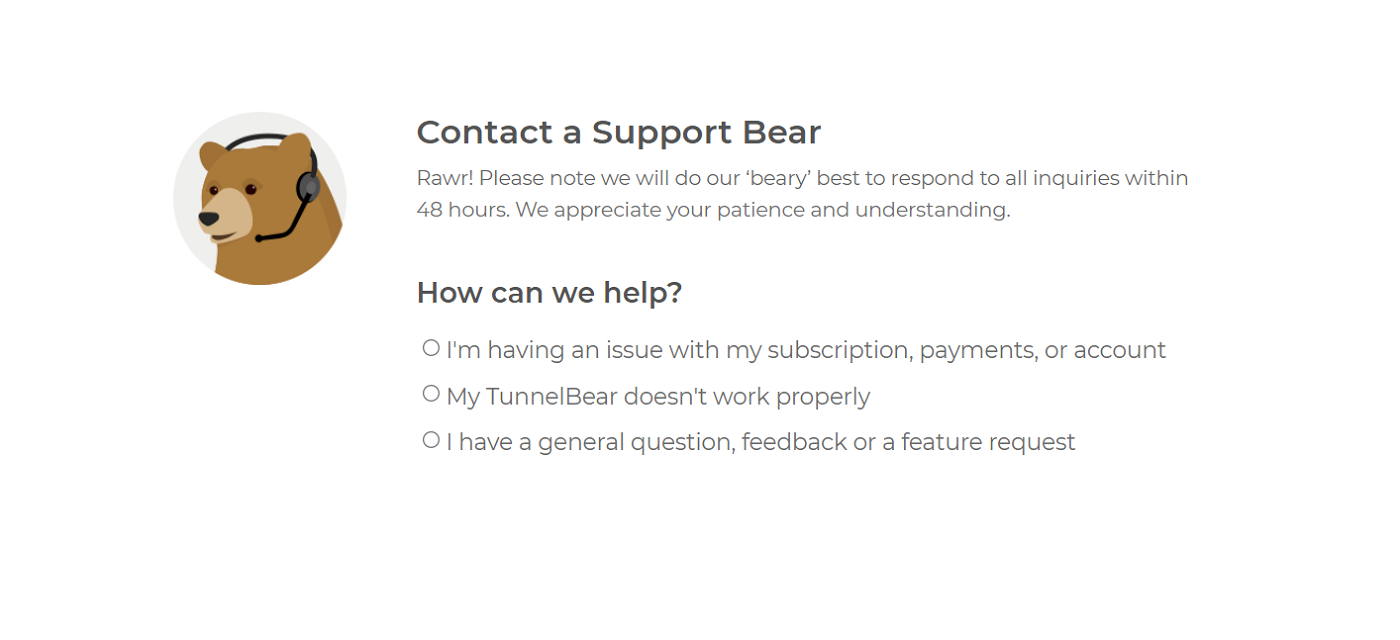 Tunnelbear's Support Page.