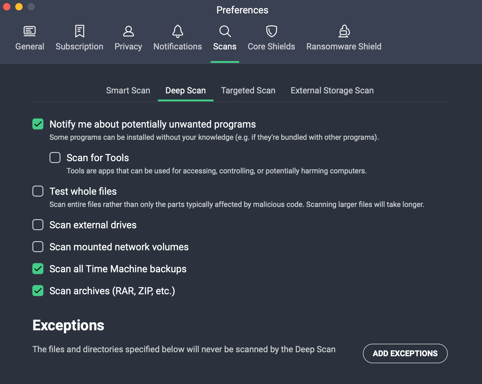 Avg’s Deep Scanning Options.