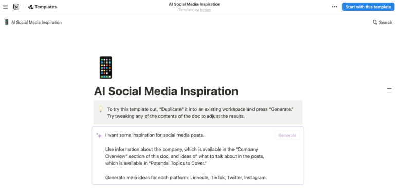 Notion’s Ai Social Media Inspiration with a Smartphone Emoji and Sample Text Prompt for the Ai to Generate.