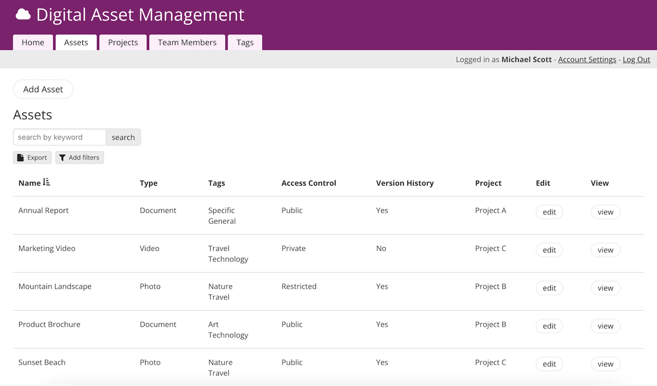 Knack’s Digital Asset Management Template with a List View of Different Assets with Columns of Relevant Information.