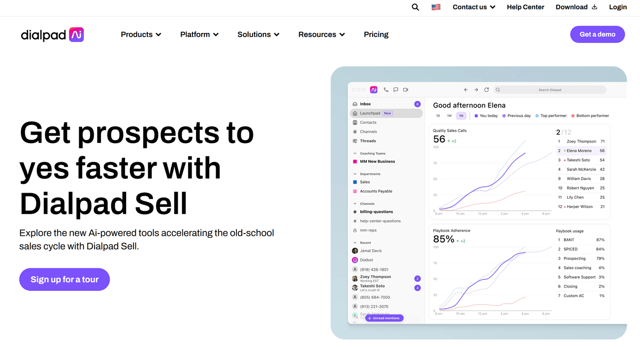 Dialpad Helps You Get Prospects to Yes Faster --- Shows a Mockup of the Launchpad Screen Inside of Dialpad to the Right. 