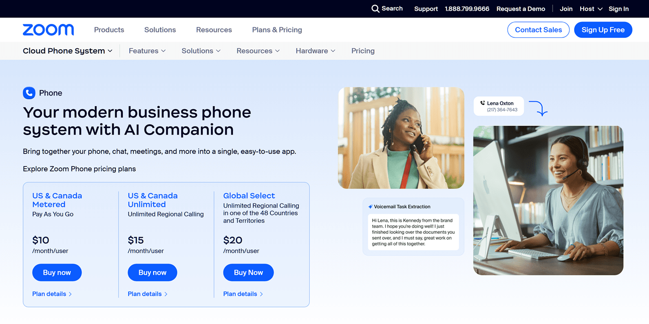 Zoom Phone's cloud phone system landing page showing two separate photos of people talking on the phone with the text Your modern business phone system with AI companion and a pricing table.