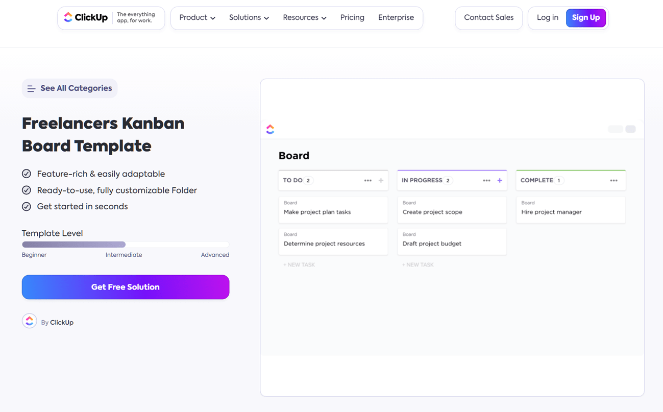 Clickup’s Landing Page for Their Freelancer Kanban Board Template. 