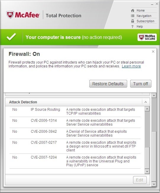 Mcafee Total Protection with Vpn, Firewall, and Basic Identity Monitoring.