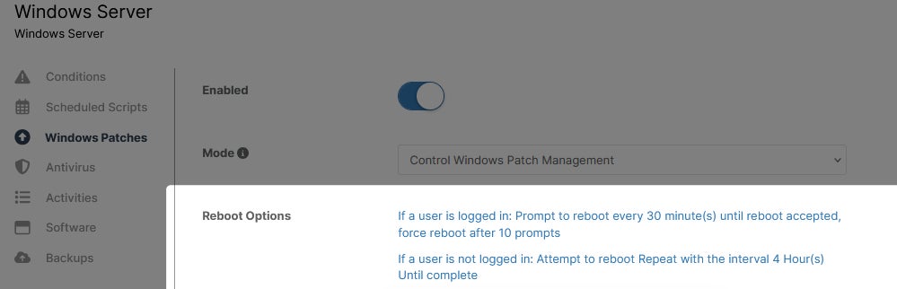 Ninjaone Patch Management’s Automatic Reboot Options.