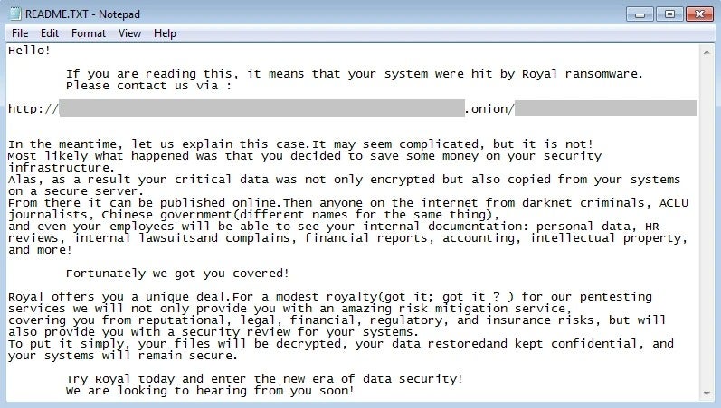 Ransom Note from Royal Ransomware