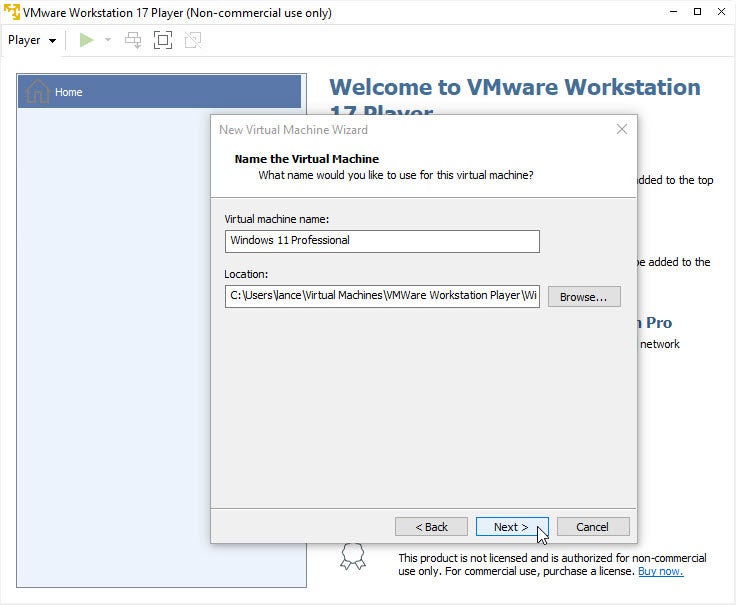 Choose a File Location for Your Virtual Machine Files.