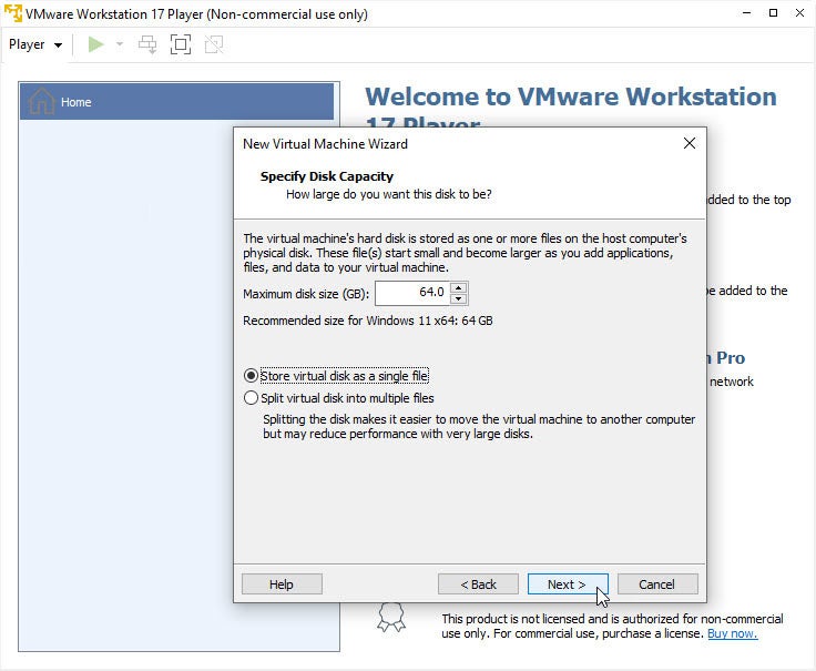 Configure the Storage Space and File Type Preferences for Your Virtual Machine.