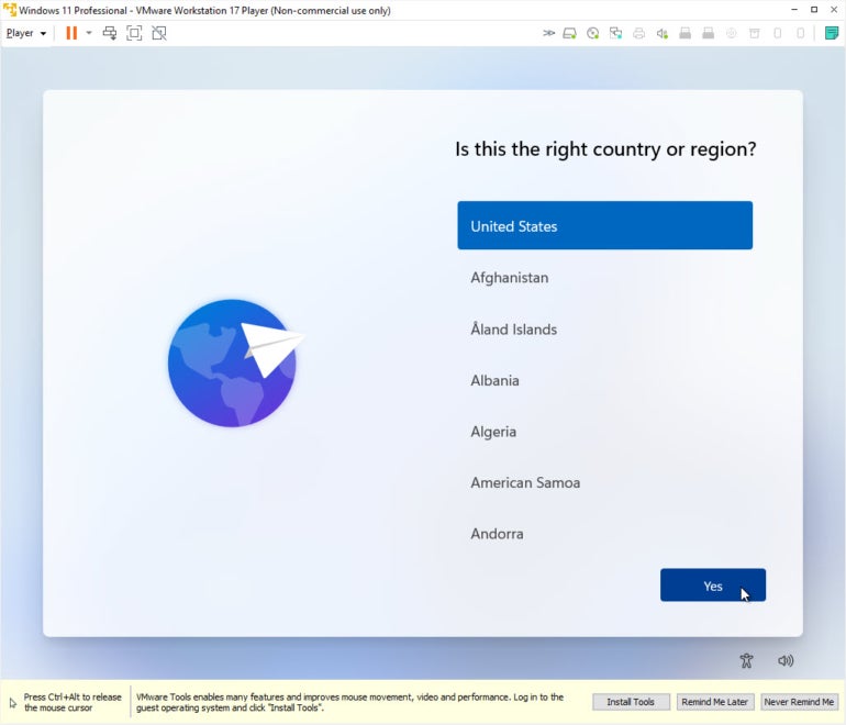 Confirm Your Country or Region for the Virtual Machine.