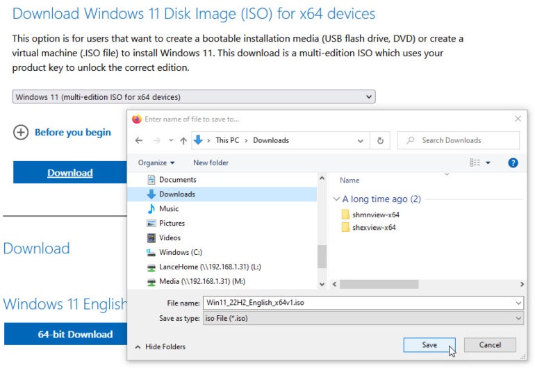 Download and Save Windows 11 Disk Image (iso) for X64 Devices.