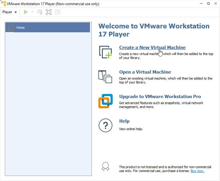 Click Create a New Virtual Machine in Vmware Workstation Player.