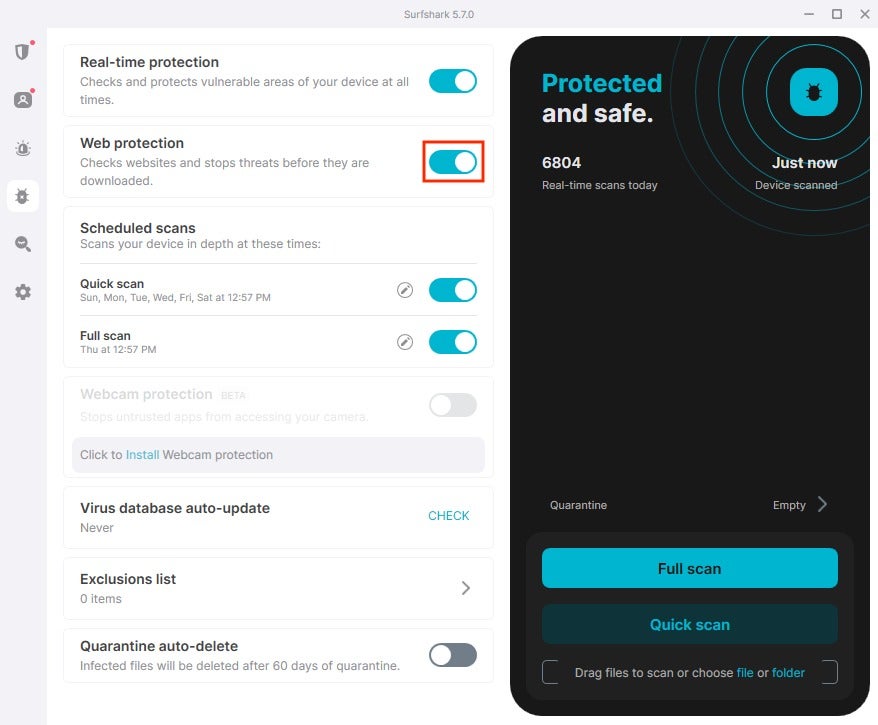 Surfshark Allows Users to Toggle Antivirus Protection on and Off.