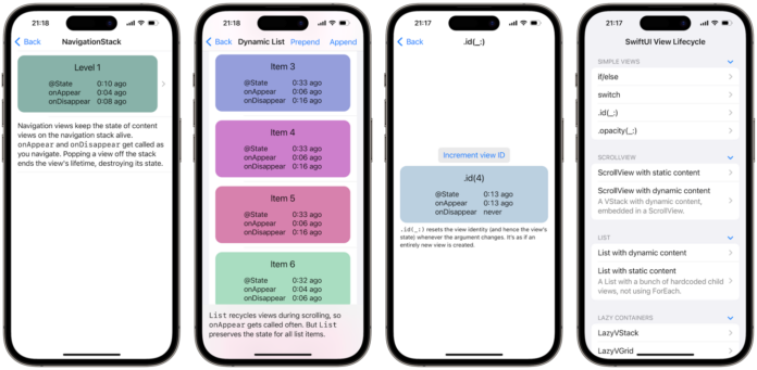 iPhone screenshots of the SwiftUI View Lifecycle app