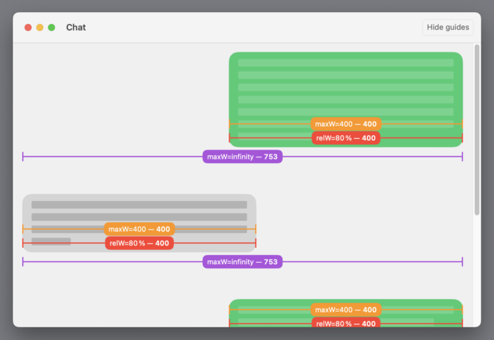 A Mac window showing a mockup of a chat conversation with bubbles for the speakers. Overlaid on the chat bubbles are debugging views showing the widths of different components. The total container width is 753. The relW=80% debugging guide shows a width of 400.