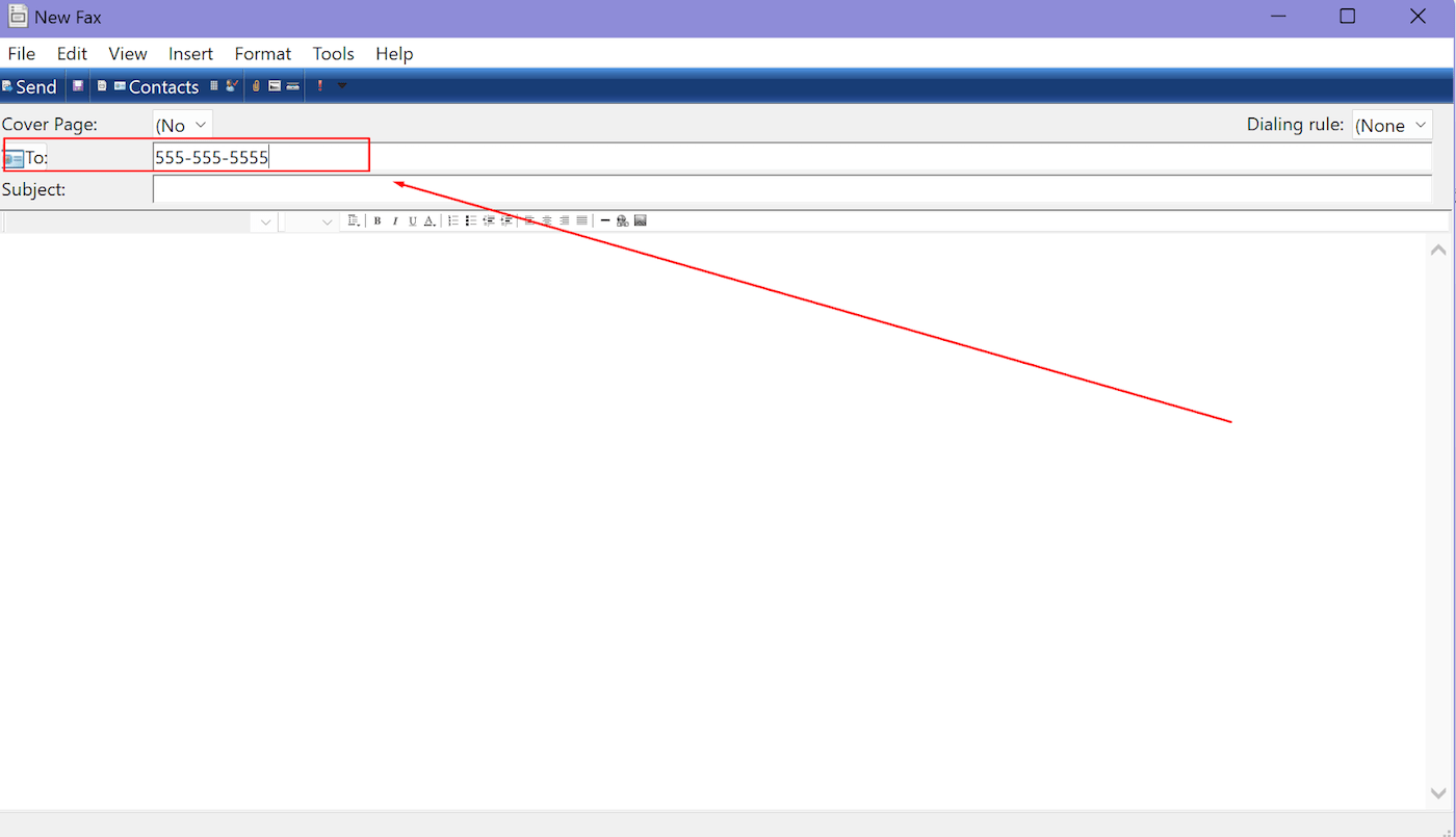 Windows Fax and Scan Interface with Arrow Pointing to the Recipient’s Fax Number.