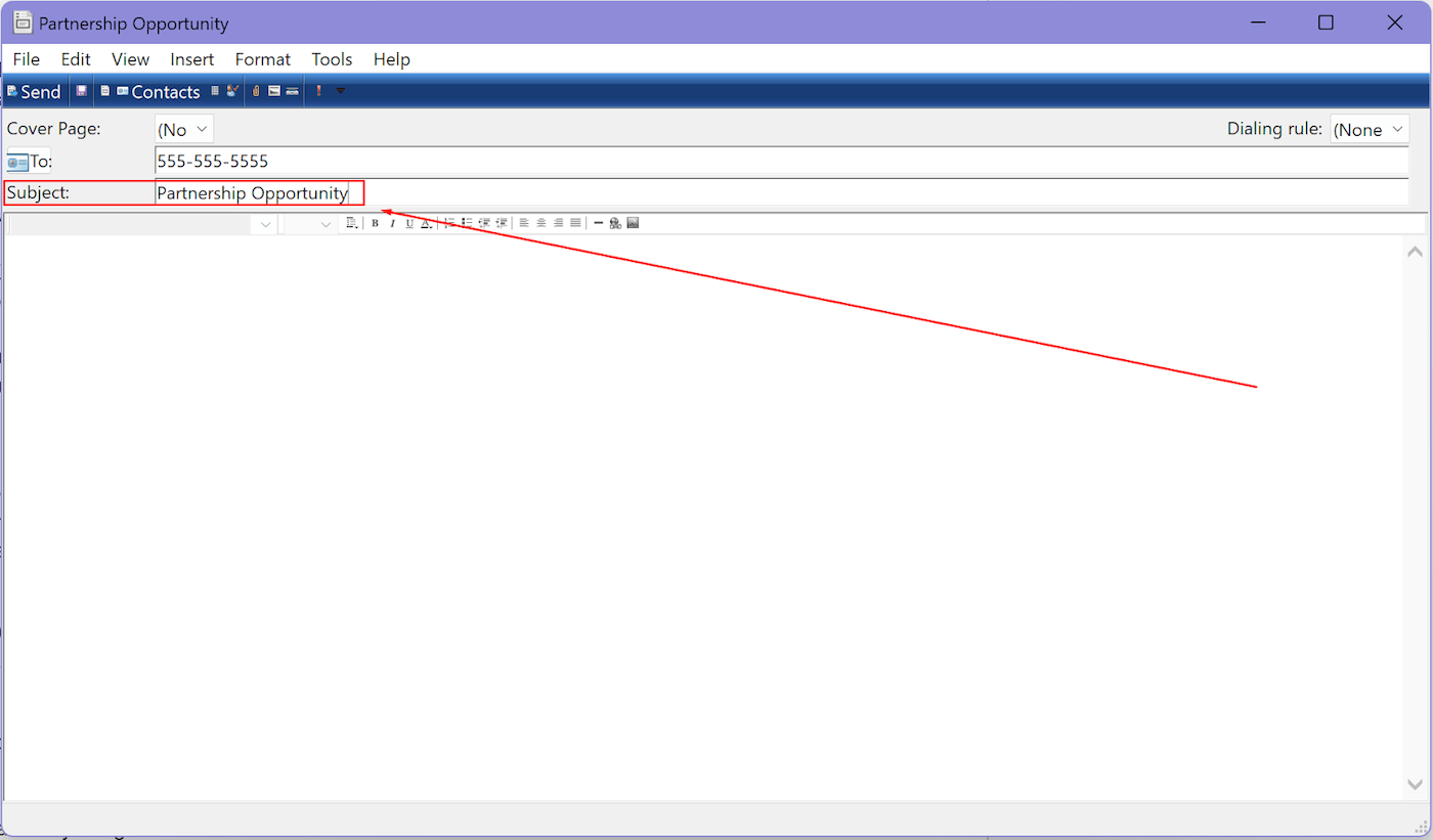 Windows Fax and Scan Interface with Arrow Pointing to the Subject Line.