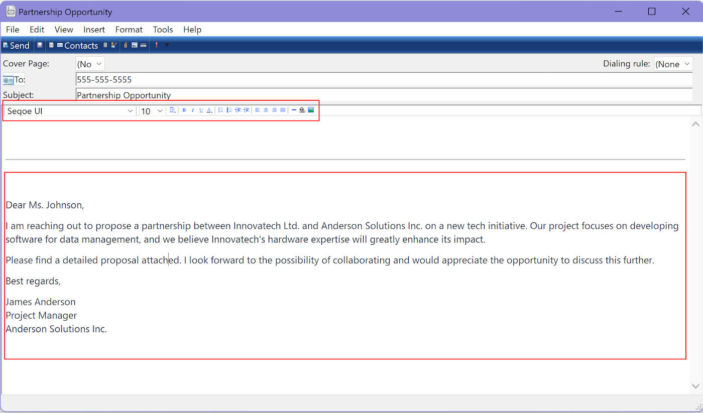 Windows Fax and Scan Interface with Boxes Surrounding the Message Body and Text Tools.