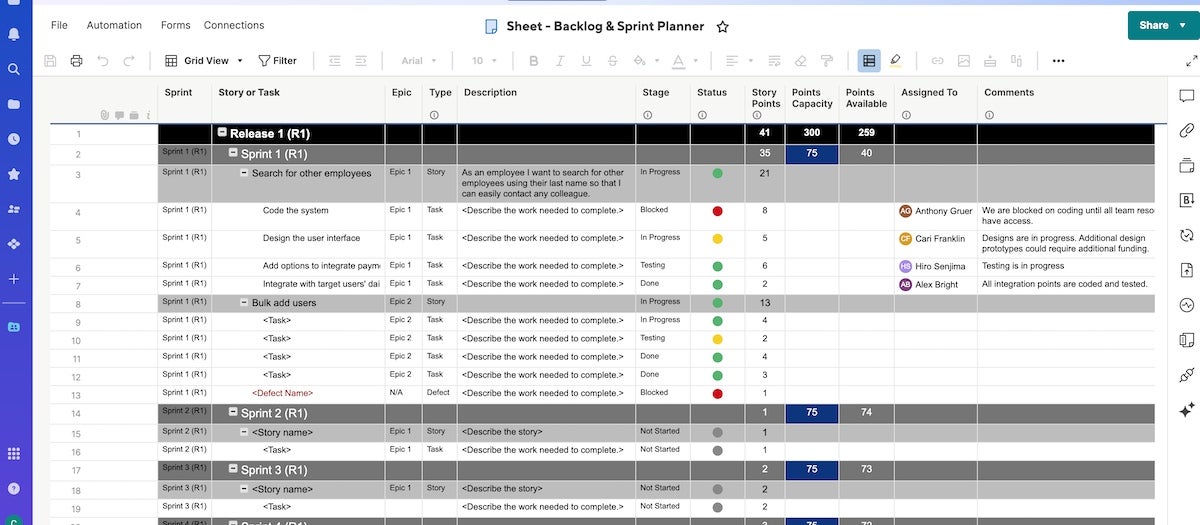 Screenshot of Sprint Planning October Smartsheet.