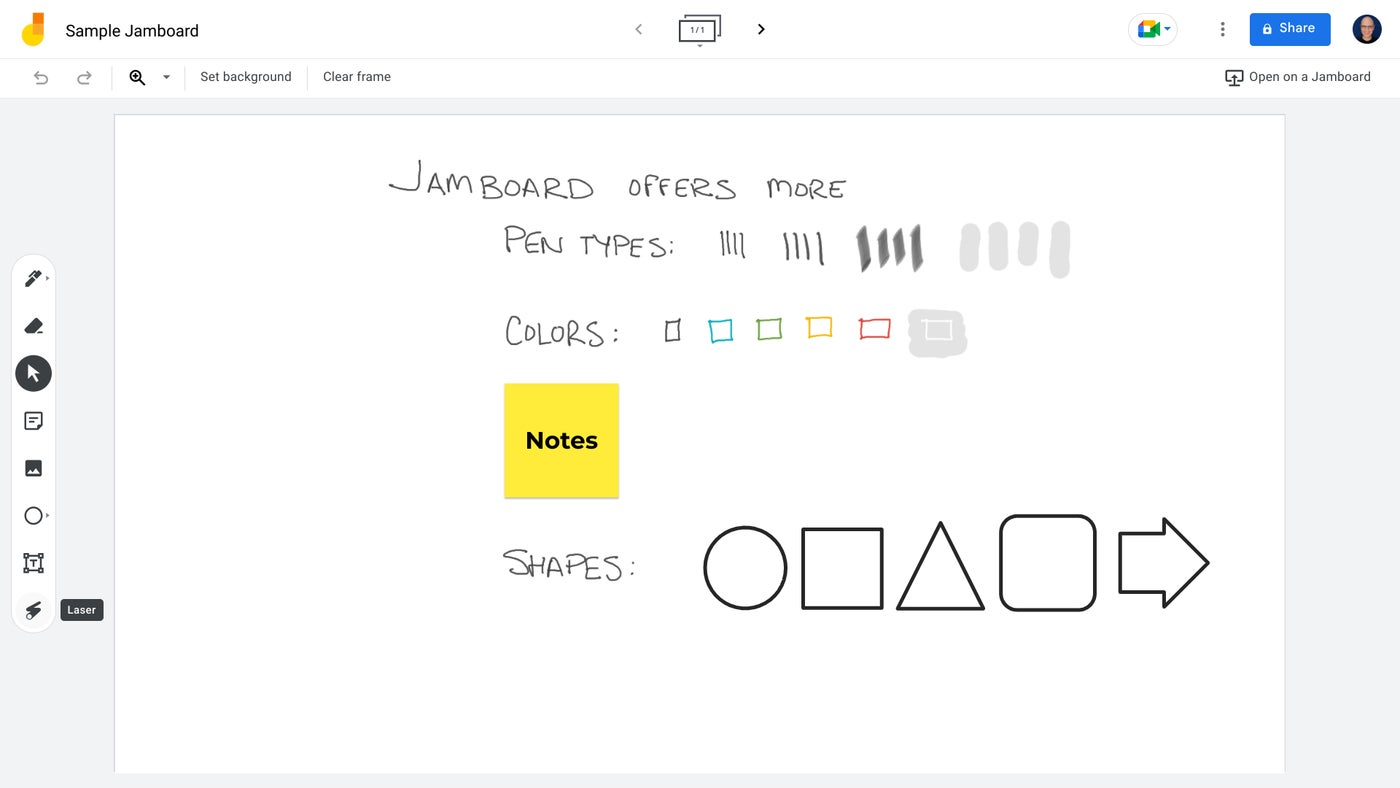 Google Jamboard Screenshot for Additional Drawing Tools.