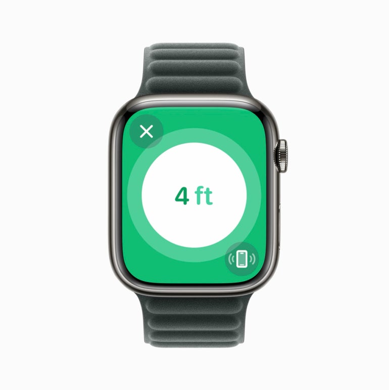 an Apple Watch with the Precision Finding Feature on the Display.